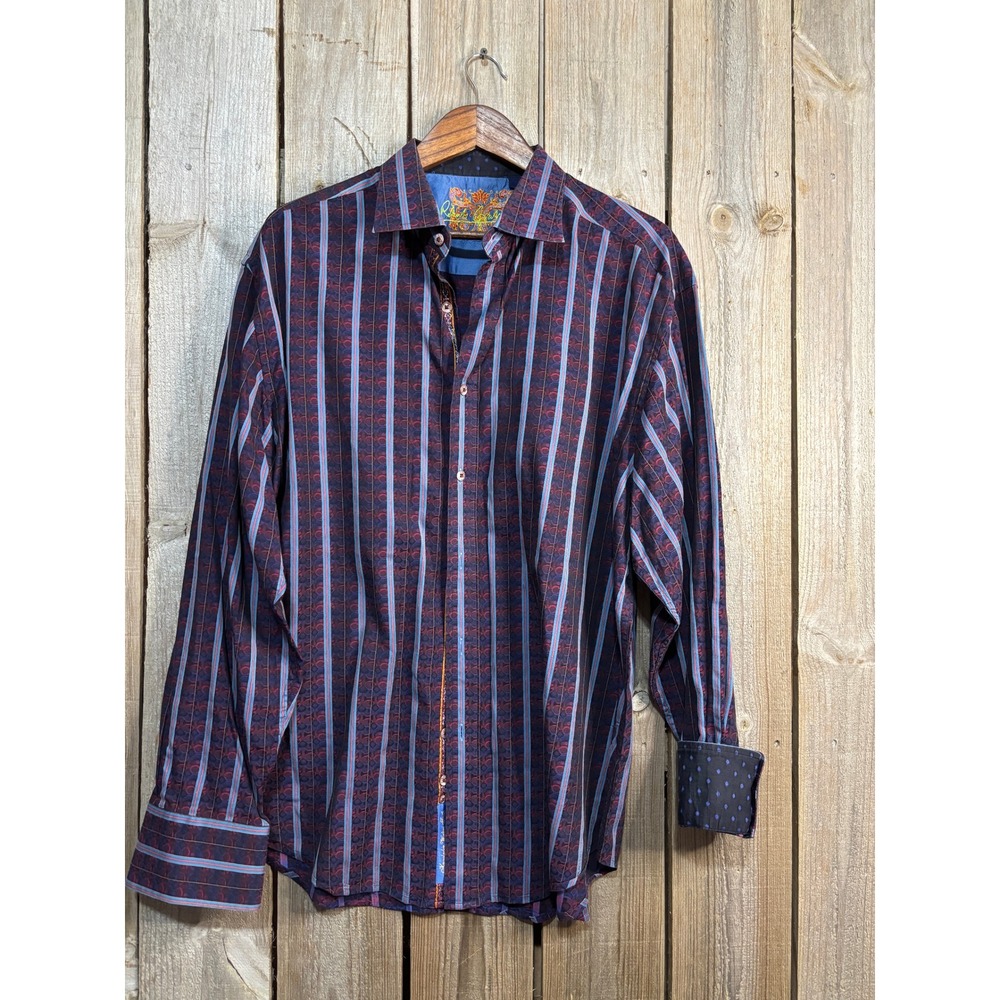 Robert Graham Mens 2XL Purple Striped Medallion Print Long Sleeve‎ Button Down